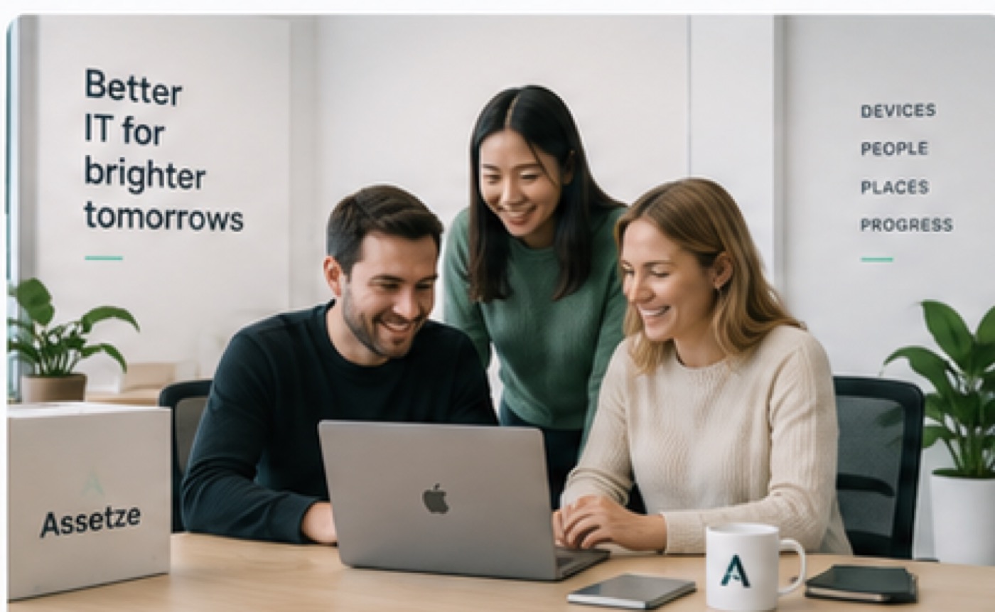 Small team working together on laptops in a bright office