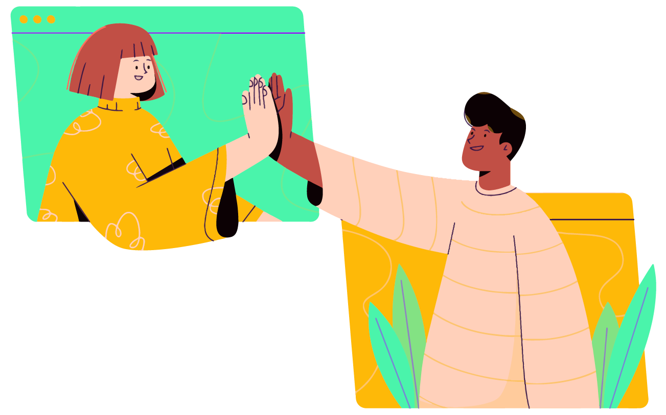 Illustration of two colleagues high-fiving, one of them reaching out of a browser window.