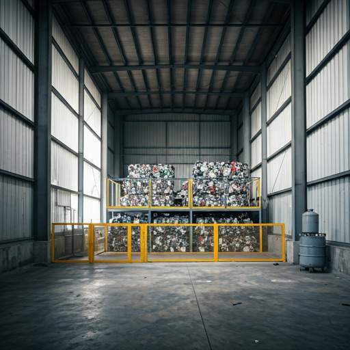 Sorted electronic waste stacked in mesh cages behind yellow safety barriers on the floor of a recycling warehouse.