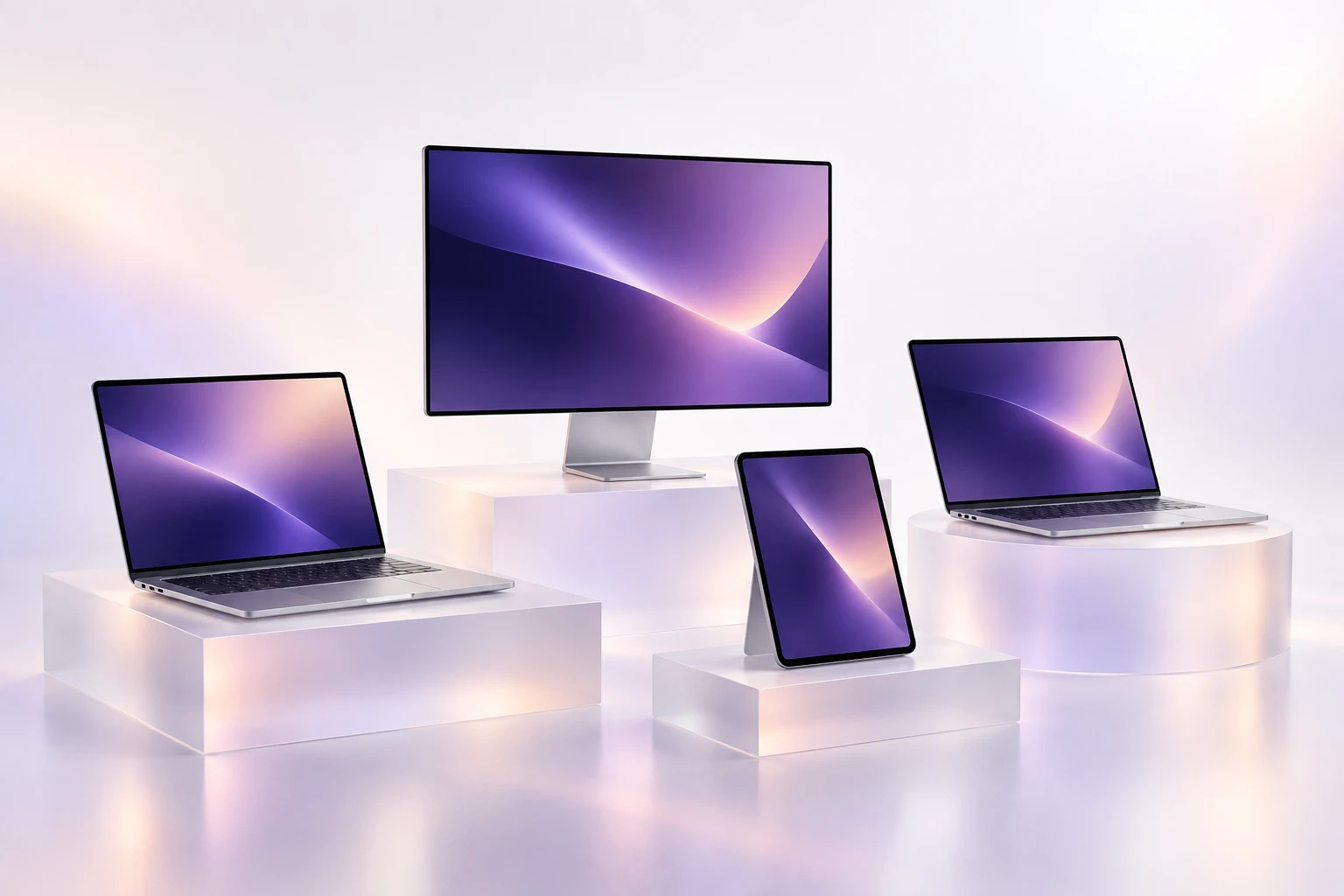 Laptops, a desktop monitor and a tablet arranged on frosted glass platforms